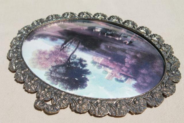 photo of ornate gold Italian baroque frame w/ oval convex bubble glass & charming vintage pastoral print #4