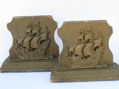 photo of ornate gold gesso plaster decorated wood book ends, vintage ship bookends #1