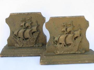 catalog photo of ornate gold gesso plaster decorated wood book ends, vintage ship bookends