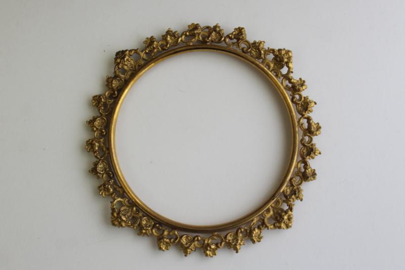 photo of ornate gold ormolu style vintage metal frame, round picture frame, needlework or plate holder #1