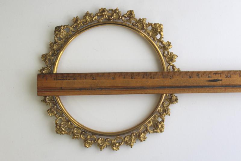photo of ornate gold ormolu style vintage metal frame, round picture frame, needlework or plate holder #2