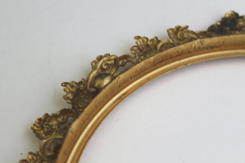 photo of ornate gold ormolu style vintage metal frame, round picture frame, needlework or plate holder #6