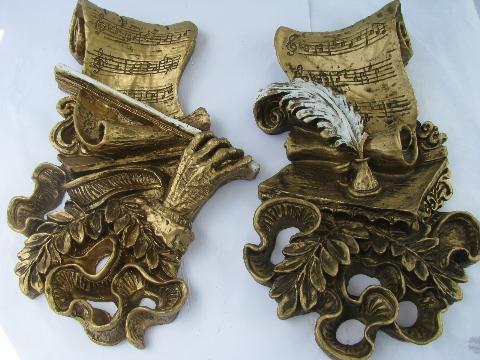 photo of ornate gold rococo cherubs, music of love theme wall plaques, 60s vintage #5