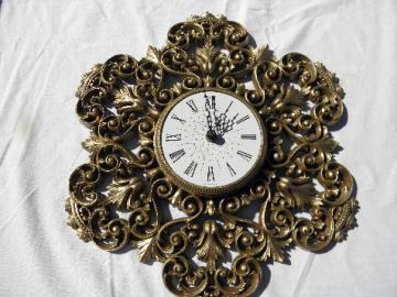 catalog photo of ornate gold rococo plastic wall clock, vintage Burwood