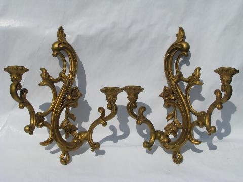 photo of ornate gold rococo plastic wall sconces for candles, 60s vintage french country #1