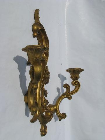 photo of ornate gold rococo plastic wall sconces for candles, 60s vintage french country #3