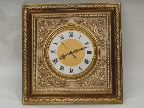 photo of ornate gold rococo square frame wall clock, 1960s vintage Syroco #1