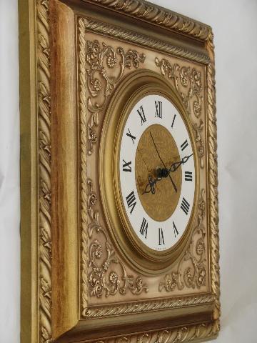 photo of ornate gold rococo square frame wall clock, 1960s vintage Syroco #4