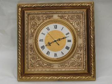 catalog photo of ornate gold rococo square frame wall clock, 1960s vintage Syroco