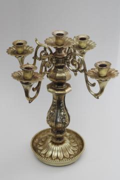 photo of ornate gold tone candelabra candle holder for taper candles, 70s vintage plastic w/ metal