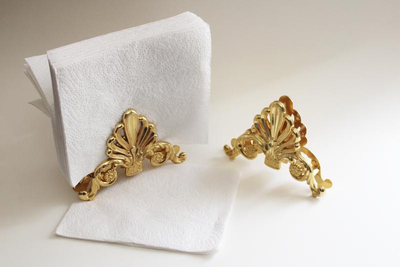 photo of ornate gold tone metal napkin holders, classical shell vintage regency style #1