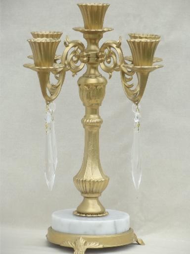 photo of ornate gold vintage cast metal candelabra w/ Italian marble & glass prisms #1