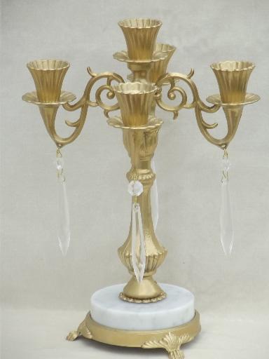 photo of ornate gold vintage cast metal candelabra w/ Italian marble & glass prisms #2