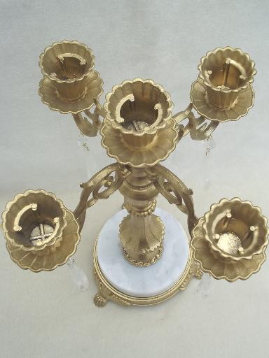 photo of ornate gold vintage cast metal candelabra w/ Italian marble & glass prisms #3