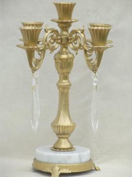 catalog photo of ornate gold vintage cast metal candelabra w/ Italian marble & glass prisms