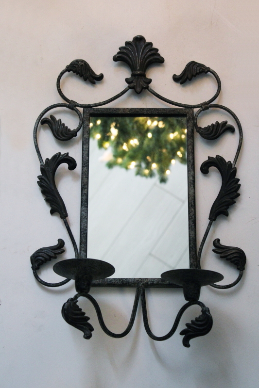 photo of ornate iron candle sconces frame mirror w/ distressed bronze finish, vintage western style decor #1