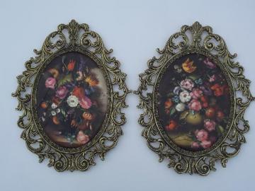 catalog photo of ornate metal picture frames w/ padded satin floral prints, vintage Italy