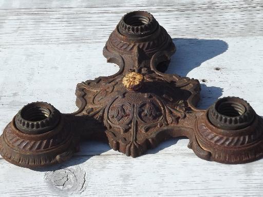 photo of ornate old cast iron ceiling fixure, original antique electric light #2