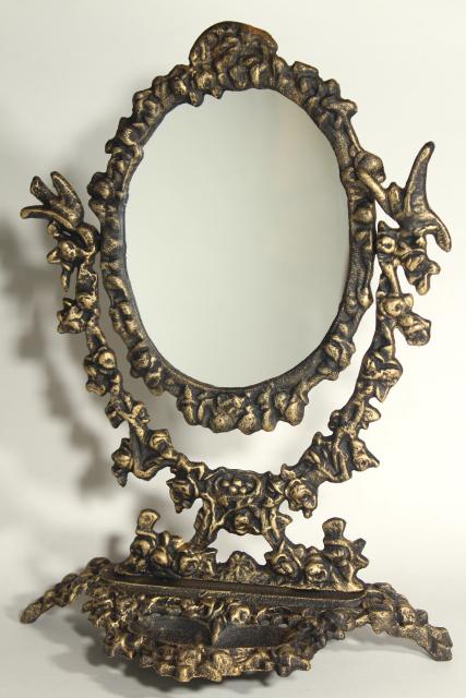 photo of ornate old cast iron tilt mirror on stand, shaving or vanity table mirror #1