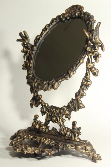 photo of ornate old cast iron tilt mirror on stand, shaving or vanity table mirror #6