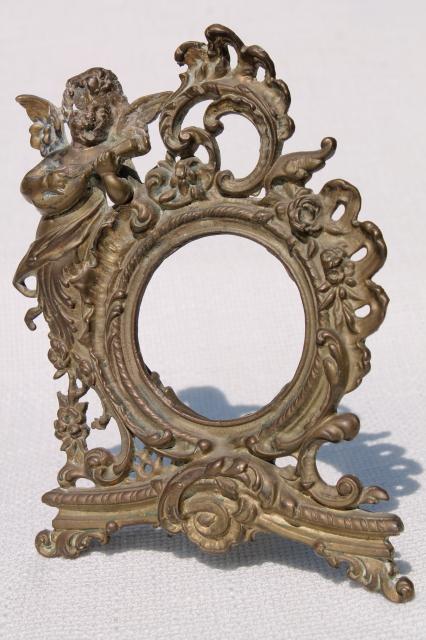 photo of ornate rococo style brass frame w/ cherub angel, vintage antique reproduction #1