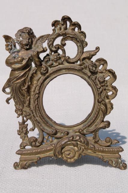 photo of ornate rococo style brass frame w/ cherub angel, vintage antique reproduction #4