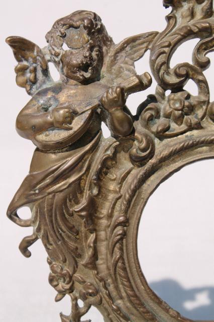 photo of ornate rococo style brass frame w/ cherub angel, vintage antique reproduction #5