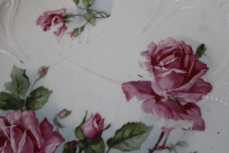 photo of ornate roses mismatched china plates & cake trays, antique vintage Victorian florals shabby chic #9