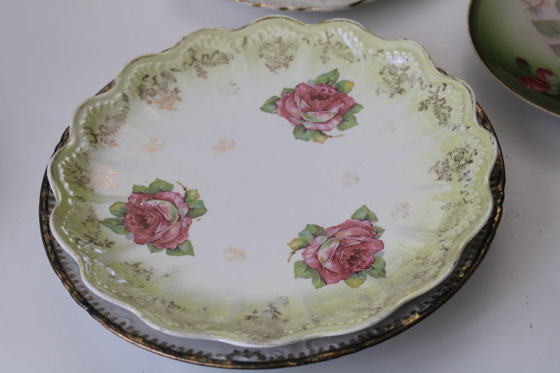 photo of ornate roses mismatched china plates & cake trays, antique vintage Victorian florals shabby chic #17