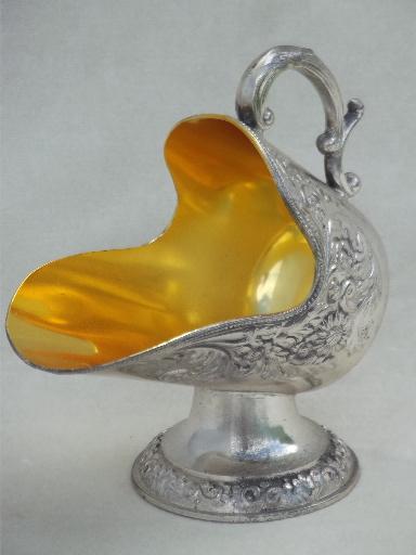 photo of ornate sugar scuttle bowl, gold lined vintage silver plate sugar scoop #1