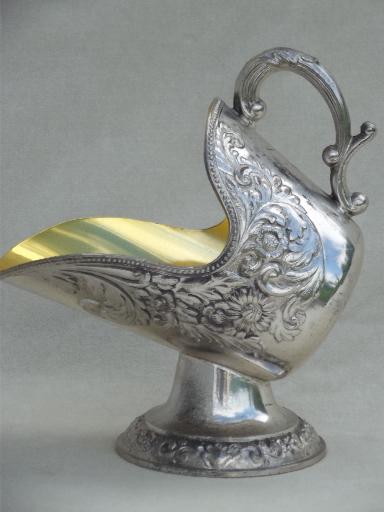 photo of ornate sugar scuttle bowl, gold lined vintage silver plate sugar scoop #2