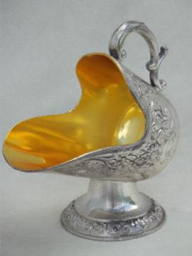 catalog photo of ornate sugar scuttle bowl, gold lined vintage silver plate sugar scoop