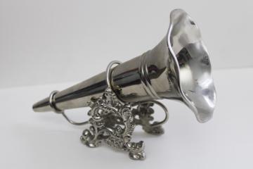 catalog photo of ornate trophy vase w/ stand, bright silvery nickel plated flower horn