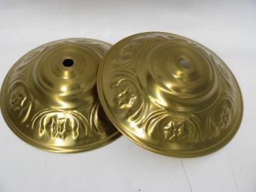 catalog photo of ornate vintage brass ceiling light/chandelier canopies, lamp cap lot