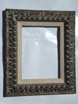 catalog photo of ornate vintage carved wood frame, florentine or spanish gold w/ flax linen