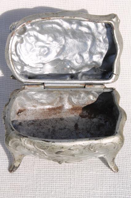 photo of ornate vintage cast metal jewelry box w/ art nouveau rose, worn antique silver patina #2