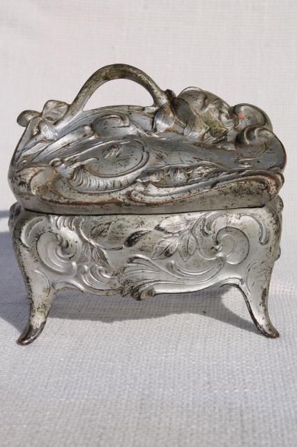 photo of ornate vintage cast metal jewelry box w/ art nouveau rose, worn antique silver patina #4
