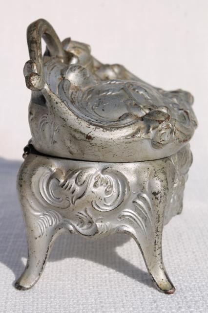photo of ornate vintage cast metal jewelry box w/ art nouveau rose, worn antique silver patina #5