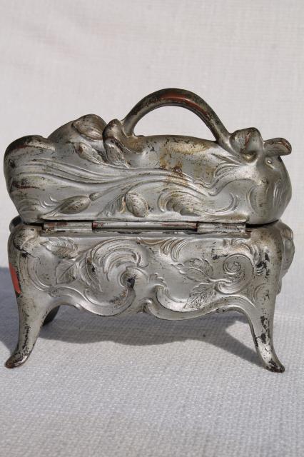photo of ornate vintage cast metal jewelry box w/ art nouveau rose, worn antique silver patina #6