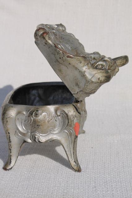 photo of ornate vintage cast metal jewelry box w/ art nouveau rose, worn antique silver patina #8
