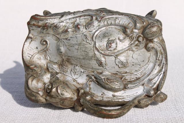 photo of ornate vintage cast metal jewelry box w/ art nouveau rose, worn antique silver patina #10