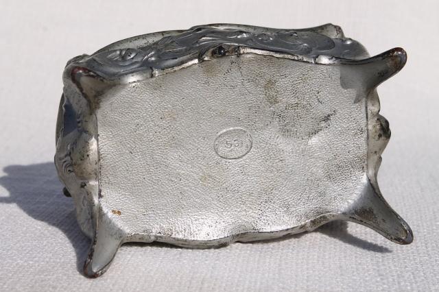photo of ornate vintage cast metal jewelry box w/ art nouveau rose, worn antique silver patina #11