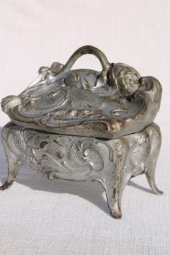 catalog photo of ornate vintage cast metal jewelry box w/ art nouveau rose, worn antique silver patina