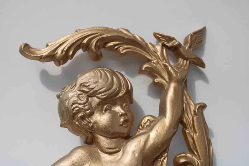 photo of ornate vintage metal wall art, french rococo style cherub gold gilt colored finish #2