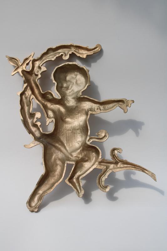 photo of ornate vintage metal wall art, french rococo style cherub gold gilt colored finish #3