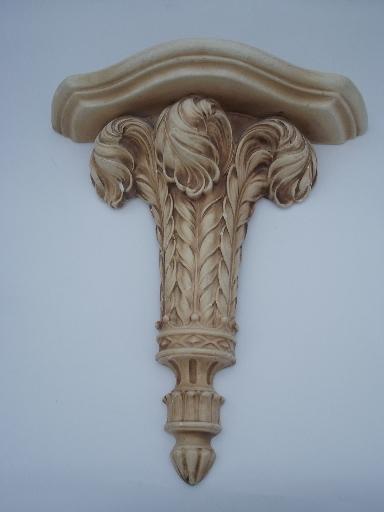 photo of ornate vintage plaster wall shelves, pair chalkware brackets w/ antique paint #2