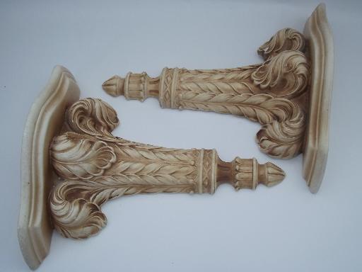 photo of ornate vintage plaster wall shelves, pair chalkware brackets w/ antique paint #7