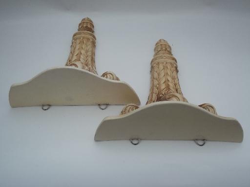 photo of ornate vintage plaster wall shelves, pair chalkware brackets w/ antique paint #8