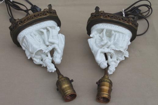 photo of ornate vintage pure white porcelain french couple figurine table lamps pair #2