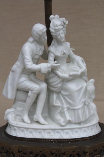 photo of ornate vintage pure white porcelain french couple figurine table lamps pair #3